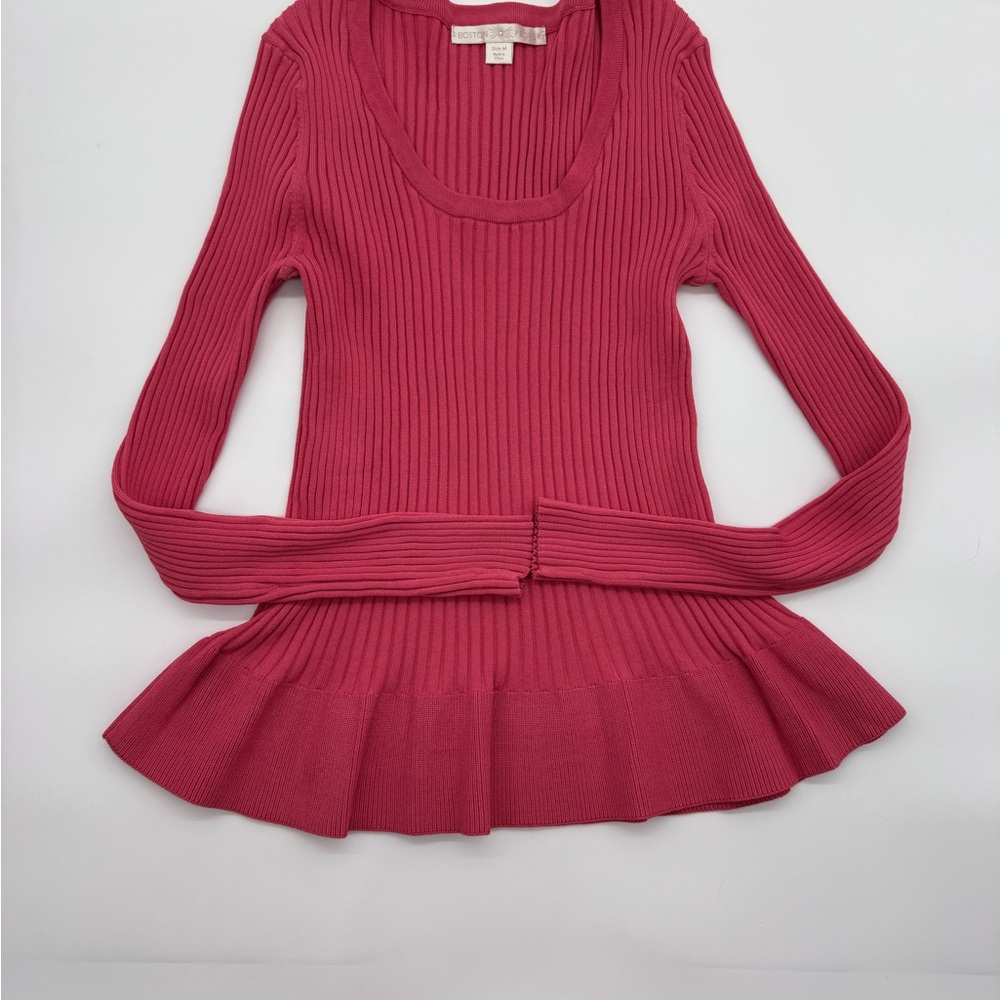 Boston Proper Deep Coral‎ Ribbed Long Sleeve Peplum Top, Size Medium
